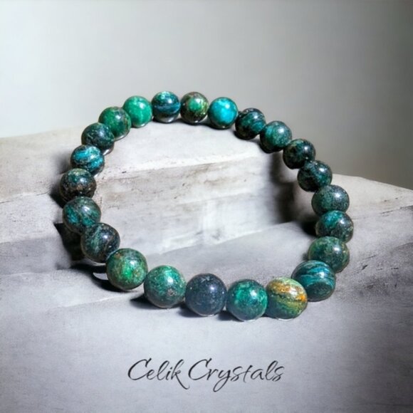 Green Emerald Stone Bead Bracelet 8mm Natural Stones Unisex Healing Bracelet - Picture 1 of 5